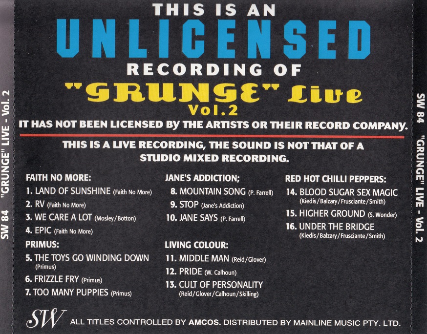 Back cover of Grunge Live 2 Unauthorised CD